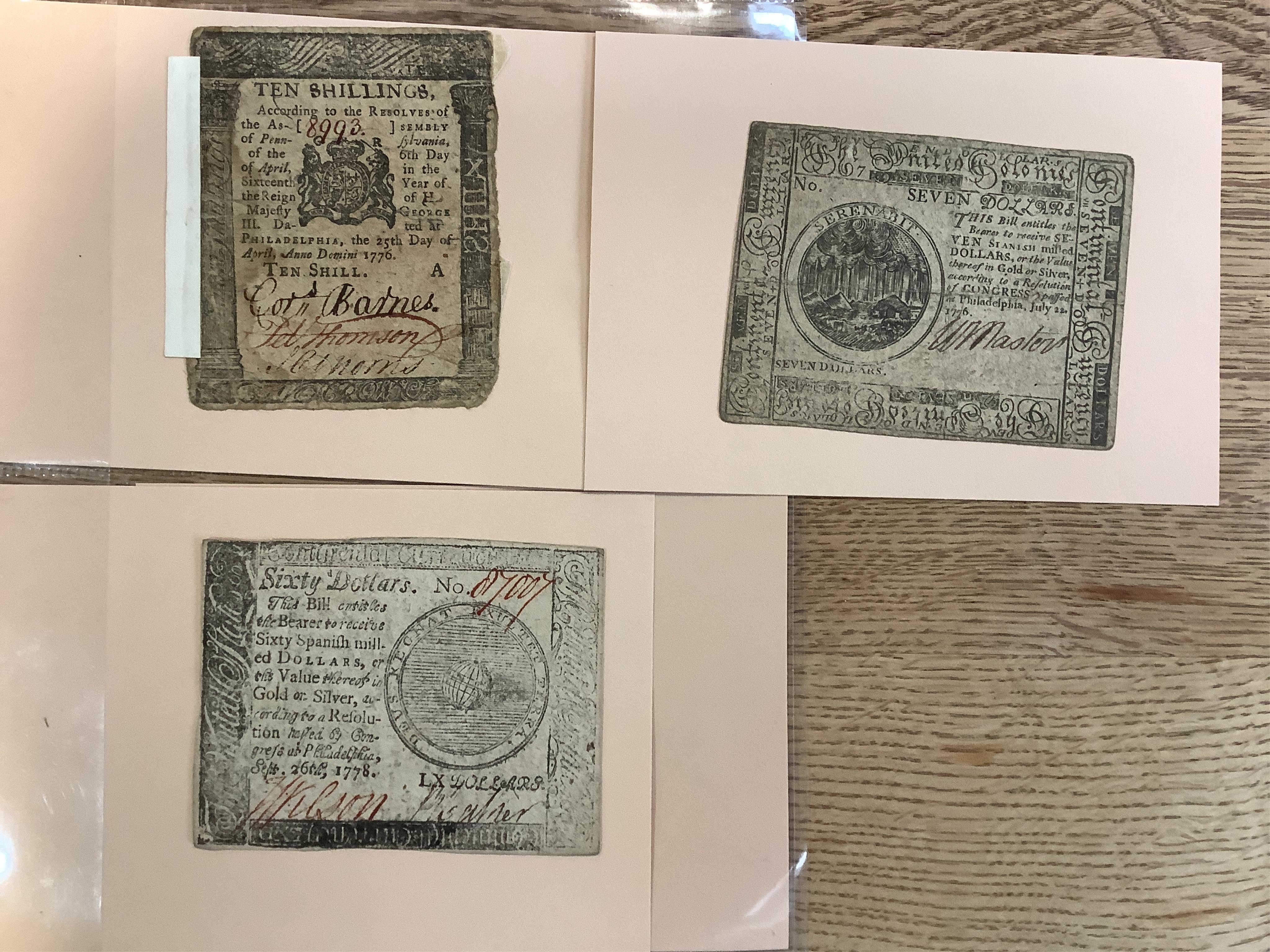 English Continental Currency $7 22 July 1776, Ten Shillings, 25th April 1776 and $60 Spanish Milled dollars, Sept 26 1778 (3)